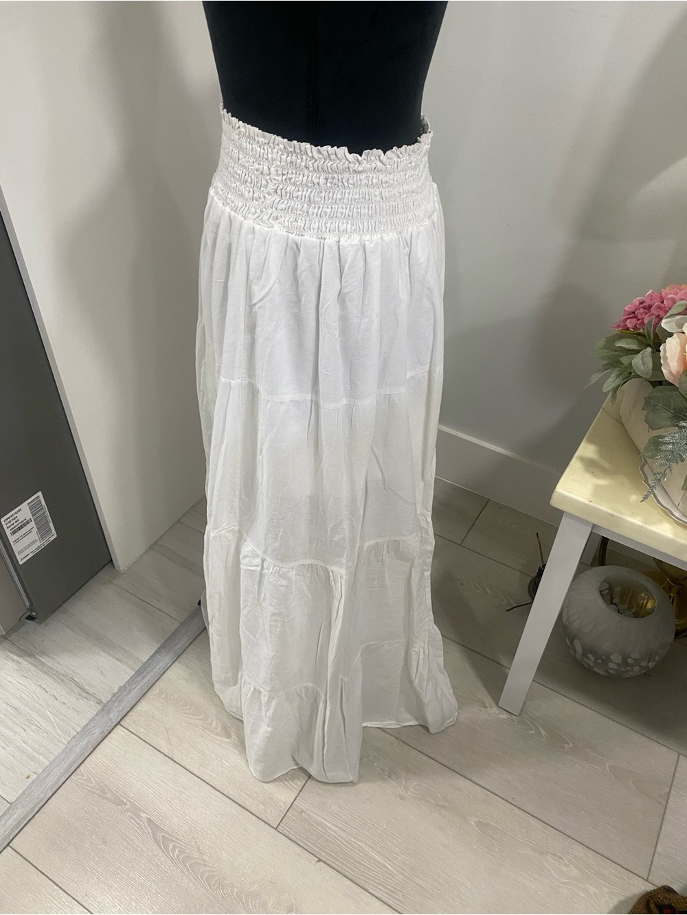 White Smocked-Tier Maxi Skirt